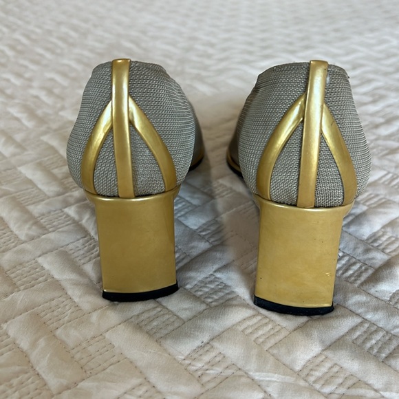 Stuart Weitzman, Sz 7, gold chunky heel taupe fabric, square toe, office siren - Picture 6 of 8
